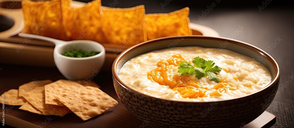 Aufkleber Delicious Asian cuisine, featuring salted egg yolk fish skin crisps and a comforting bowl of congee, presented with a background perfect for adding text or graphics - copy space image.
