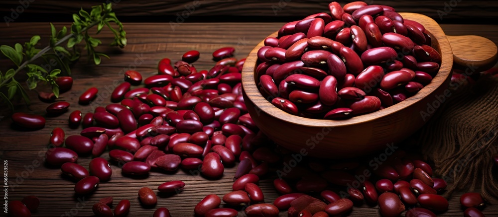 Poster Red beans are arranged on a wooden table, creating a food-themed image with available copy space for text or design elements, embodying a natural concept.
