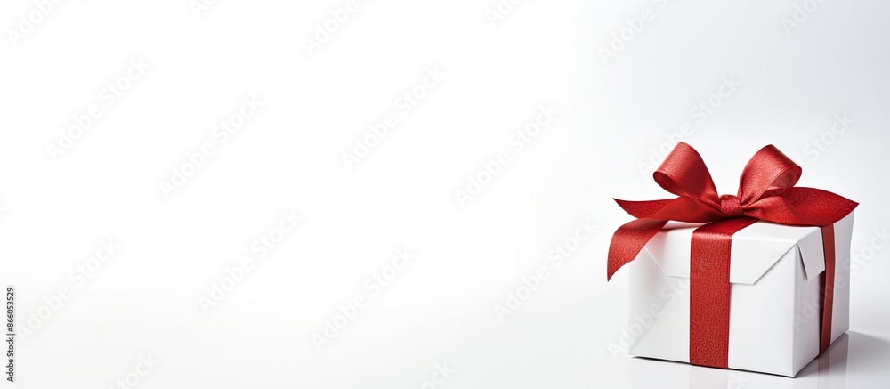 Poster white gift box with a red ribbon on a white background, with copy space for an image.