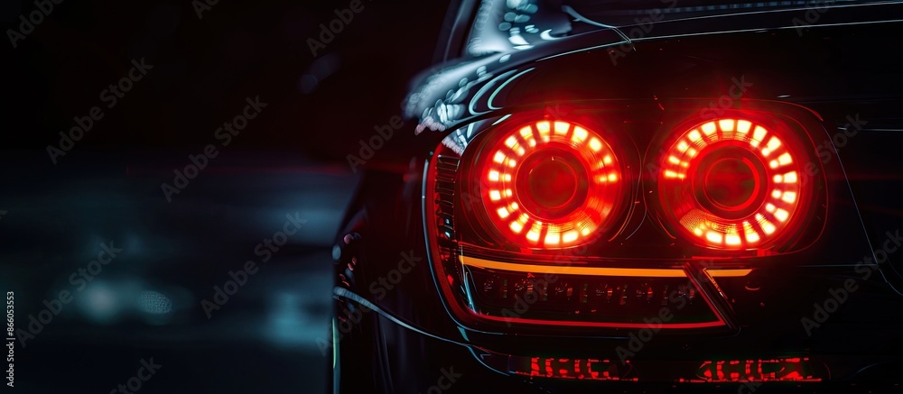 Poster car rear lights illuminated against a black background with copy space image.