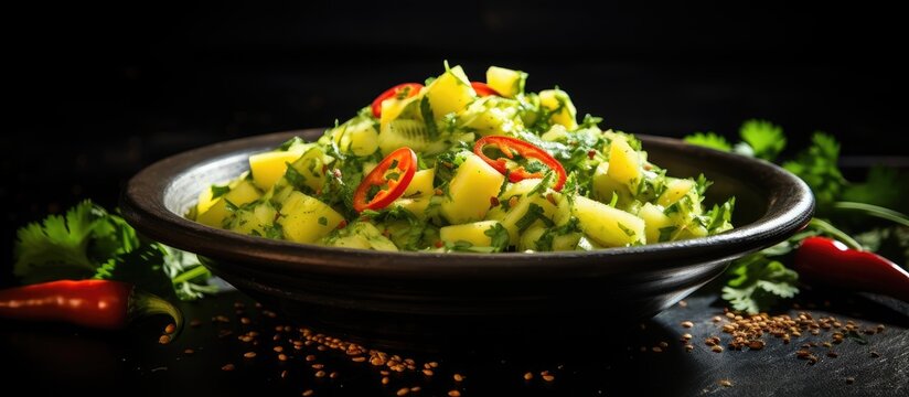 Fresh green mango salad, also called kairichi koshimbir in Marathi, a raw mango instant pickle, showcased on a black background with copy space, featuring chopped green mangoes combined with salt,