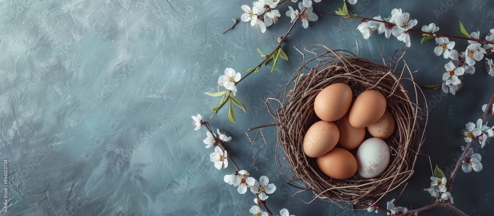 Fototapete A stack of brown eggs in a nest with an Easter theme, set up for a flat lay photograph with room for additional elements in the frame.