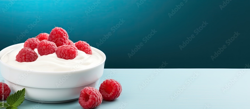 Poster an above shot of greek yogurt topped with fresh raspberries in a picturesque composition with appeal