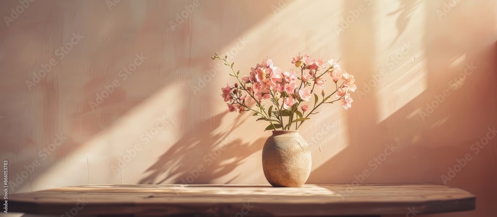 Poster wooden table with a flower vase on it showcasing copy space image opportunities.