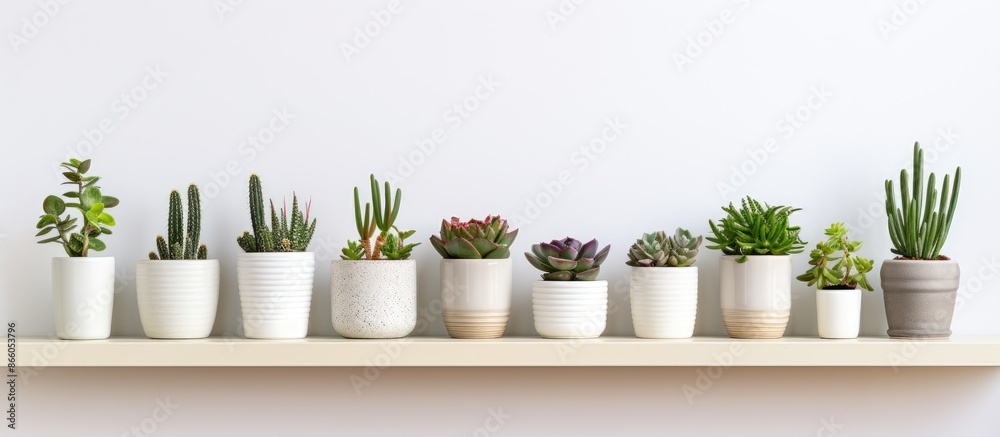 Aufkleber an array of succulent plants in white pots showcased on a white shelf against a white wall, illustra