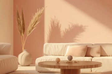 Cozy Scandinavian Living Room: Wooden Coffee Table Near Peach-Colored Sofa, Minimalist Design in Trendy Peach Colors, Ideal for Home Inspiration