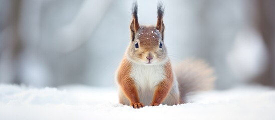 An amusing Eurasian red squirrel perches on its hind legs on the clean white snow in winter with a clear, open area for text or images. with copy space image. Place for adding text or design