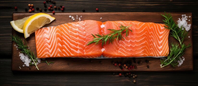 Top view of a raw, fresh fillet of red salmon seafood on a rustic table setting with copy space image in the background.