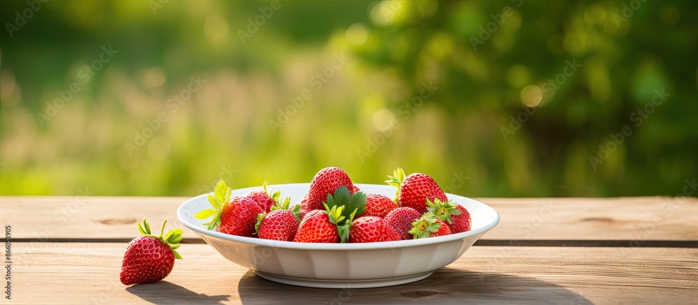 Poster fresh wild strawberry resting in a plate on a rustic wooden table outside, with ample copy space ima