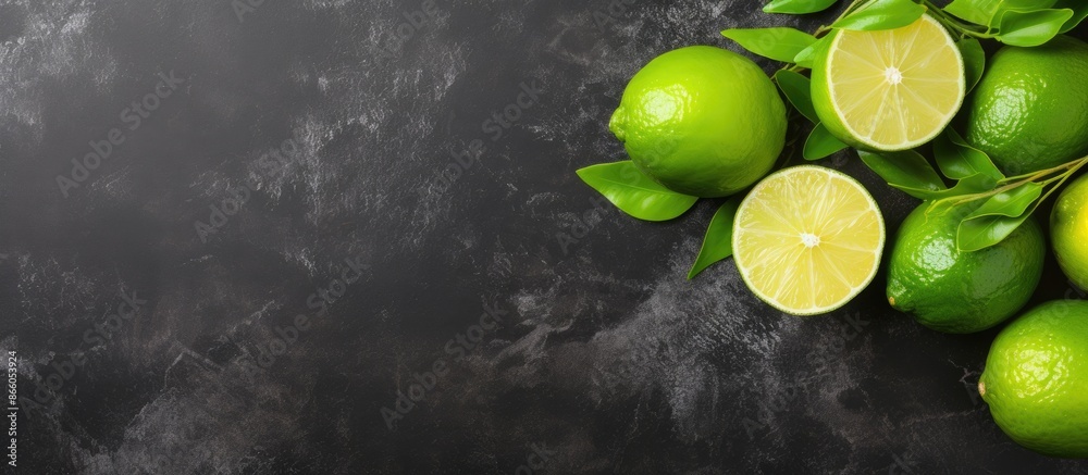 Poster Top view of fresh ripe limes on a dark stone surface with a blank area for text or images, known as a copy space image.