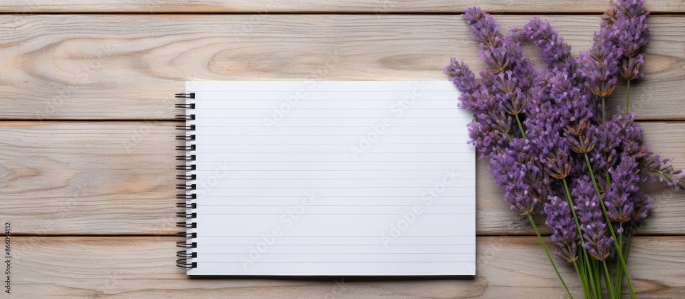 Aufkleber White painted wooden planks backdrop featuring violet flowers and an empty notebook for text, creating a copy space image.