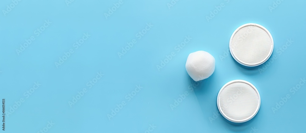 Poster blue background with makeup remover and cotton pad displayed, offering copy space for text.