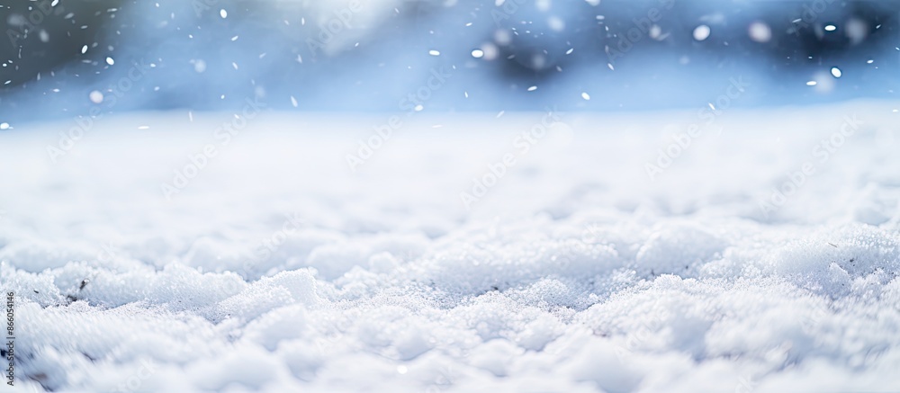 Poster close-up photo of white snow on the ground after snowfall with a snow-covered surface and a small de