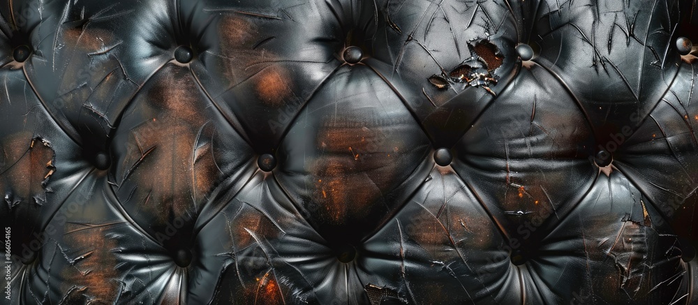 Poster upholstery,ripped and tear old leather sofa. black leather texture background. with copy space image