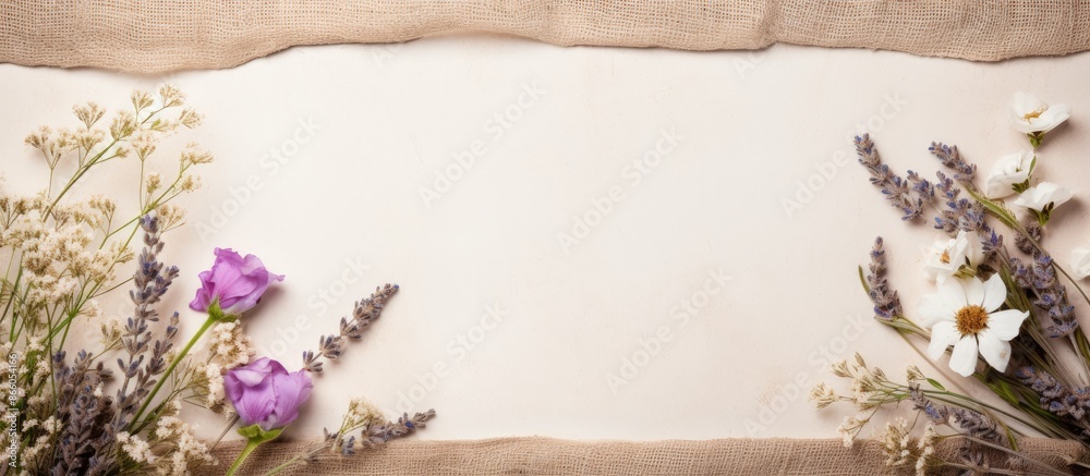 Aufkleber a herbarium of flowers and branches displayed on a light craft background with burlap border, ideal 