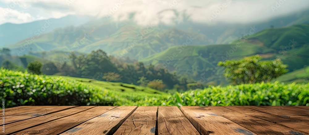 Aufkleber wooden surface showcasing a scenic mountain view or a tea plantation backdrop with blurred effect, o
