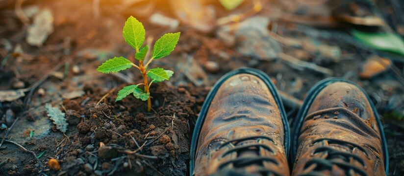 young green sprout on the ground next to the footprint of a man's shoe, trample the shoots of a plant, the concept of environmental protection, nature, trees, plants, earth day,. Copy space image.