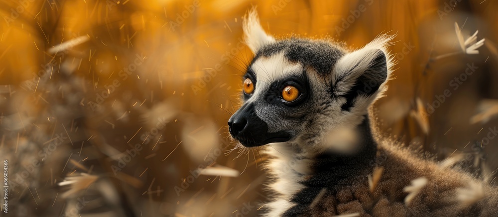 Aufkleber Blurry backdrop with a charming ring-tailed lemur in a close-up portrait, providing room for text in the image. with copy space image. Place for adding text or design