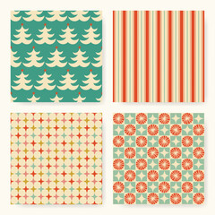 Seamless Christmas pattern set featuring trees, stars, holiday stripes, and geometric shapes in retro pastel colors.  Ideal for wrapping paper, greeting cards, backgrounds, decorations, and more.