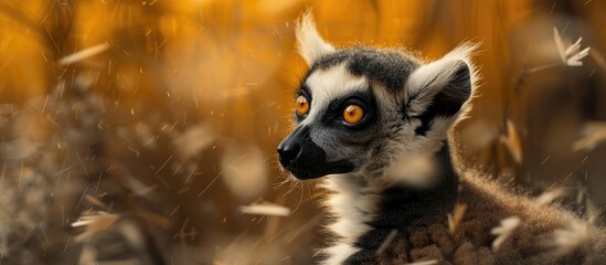 Blurry backdrop with a charming ring-tailed lemur in a close-up portrait, providing room for text in the image. with copy space image. Place for adding text or design