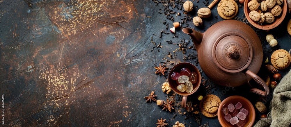 Aufkleber A rustic scene with an earthy brown teapot made of clay, filled with assorted tea leaves and nuts, alongside cookies and gummy candies, captured from above with empty space for text or other elements
