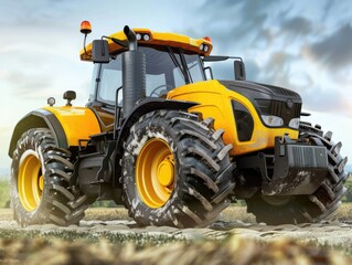 Large Tractor in Farm Setting with Yellow Color Closeup
