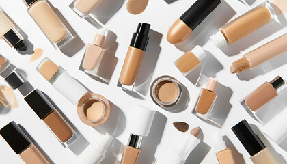 Obraz premium Collage with bottles and tubes of skin foundation on white background