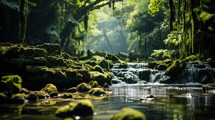 Defocused waterfall in lush green forest