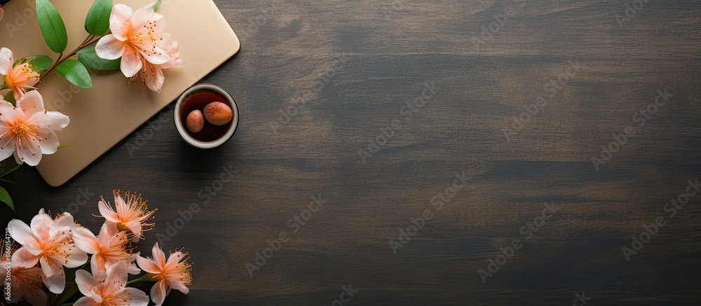 Poster a phone and a flower are placed on an office desk with various supplies, providing a top view perspe