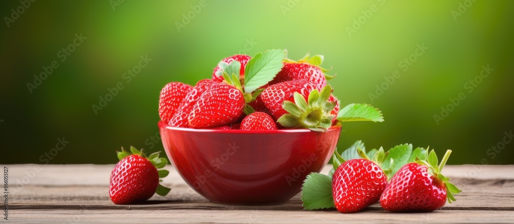 Poster fresh wild strawberry resting in a plate on a rustic wooden table outside, with ample copy space ima