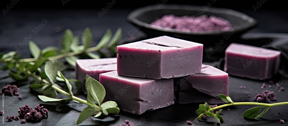 Aufkleber handmade organic soap bars with charcoal on a bright background, accompanied by blackcurrant sorbet,