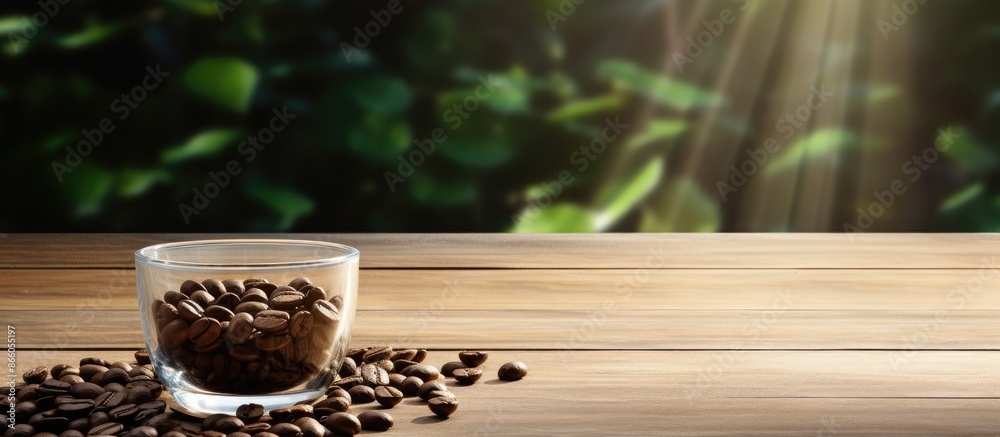 Poster white coffee beans and glass placed on a wooden surface, providing a tranquil setting with copy spac
