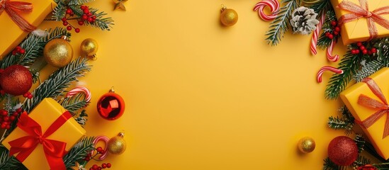 Fototapeta premium Christmas decorations and presents on a blank card set against a yellow background, ideal for adding text or graphics with copy space image.
