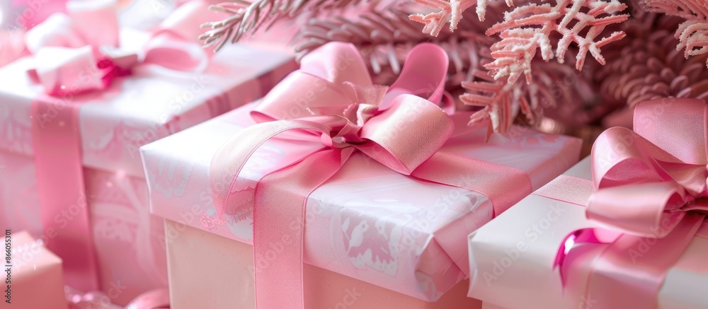 Aufkleber horizontal image with detail of five christmas presents decorated with pink ribbon under a pink chri