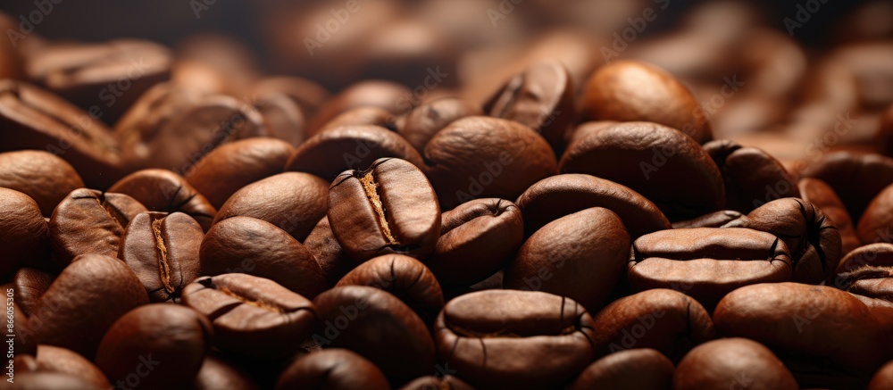 Poster macro photograph of coffee beans with copy space image.