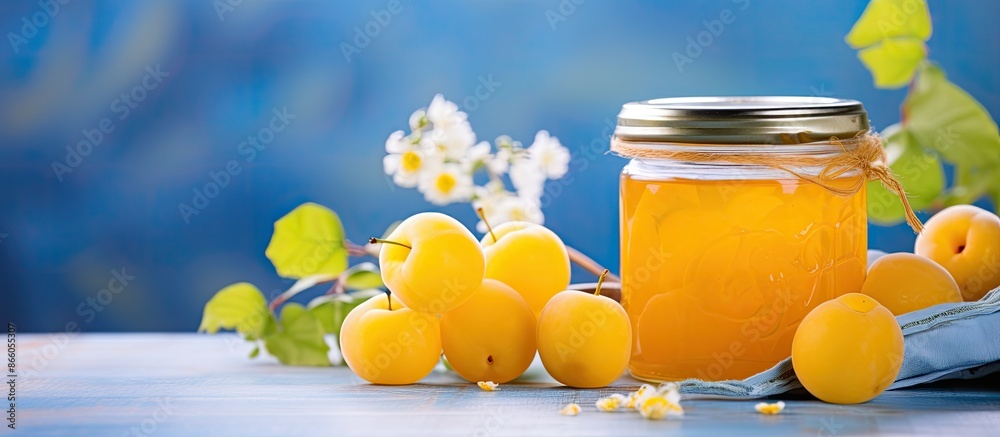 Aufkleber selective focus on yellow plum jam in a glass jar on a blue wooden background with fresh fruit; the 