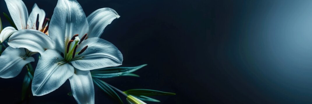 Funeral Service Background. Lily Order of Service Invitation Concept with Deep Blue Background