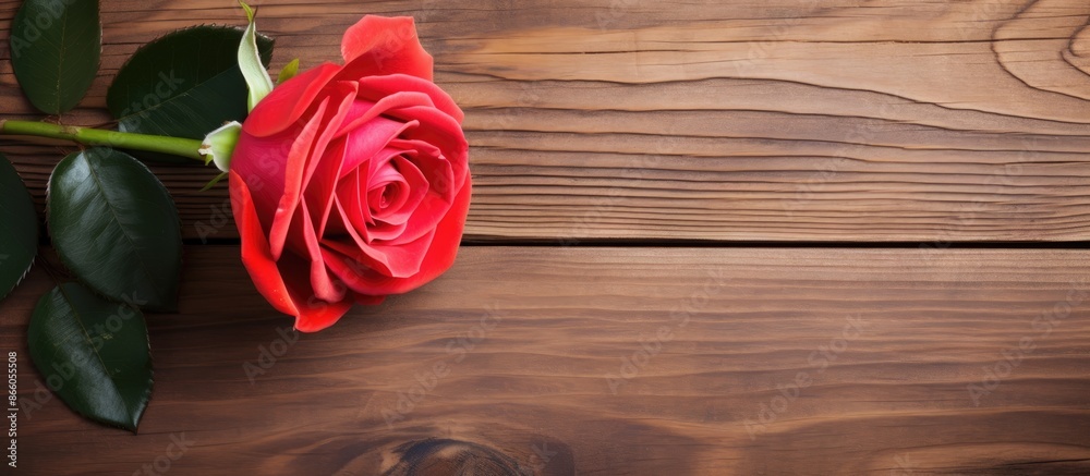 Aufkleber Valentine's Day background with a rose on a wooden surface, creating a beautiful copy space image.