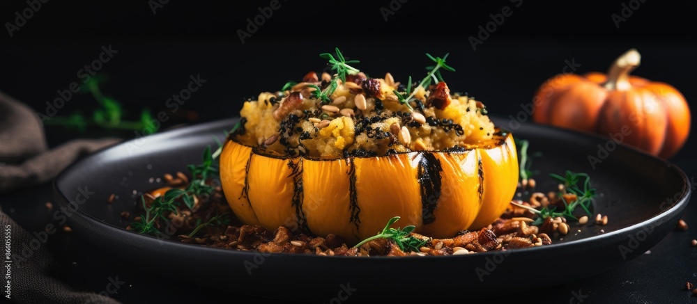Poster a seasonal autumn dish features pumpkin topped with thyme-garlic minced meat on a black plate, with 