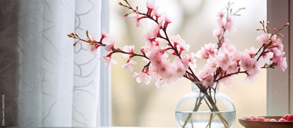 Poster Close-up of pink blooming branches in a glass vase in front of a window with copy space image.