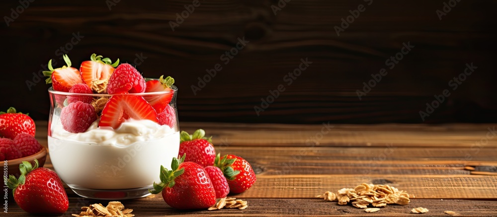 Poster glass of diet yogurt with granola, fresh berries, and strawberry slices on a wooden table with a spa