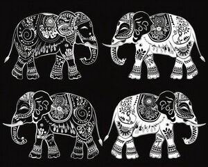 Indian Elephants: Decorated Tattoo Style with Ethnic Ornaments on Black Background