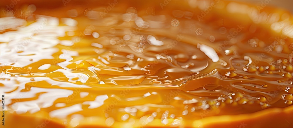 Poster a detailed image showing caramel topping a tasty flan cake, with ample copy space for text or graphi