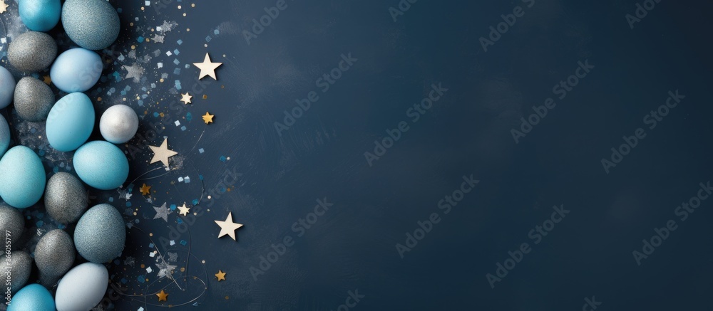 Aufkleber top view of a festive easter-themed scene featuring gray-blue easter eggs adorned with stars on a bl