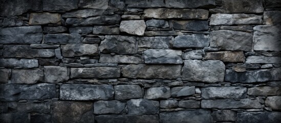Obraz premium Frontal view of a dark stone wall texture with an aged, cracked, and grungy appearance, providing a background with empty copy space image.