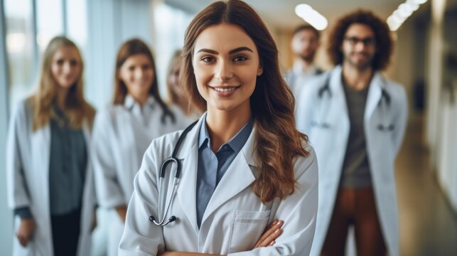 A young female doctor is standing in a hospital corridor