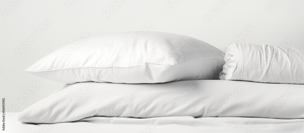 Poster clean bed sheets and pillow stacked neatly against a white backdrop, with available copy space image