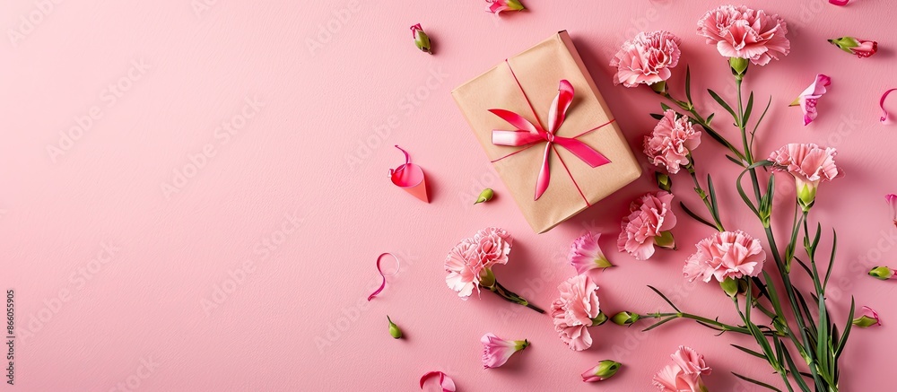 Poster a mother's day design idea featuring a top view of carnations and a gift box on a pink background su