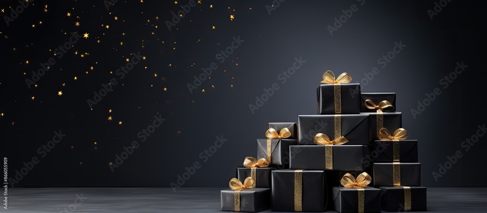 Poster christmas-themed concept with a stack of assorted-sized black gift boxes, providing copy space image