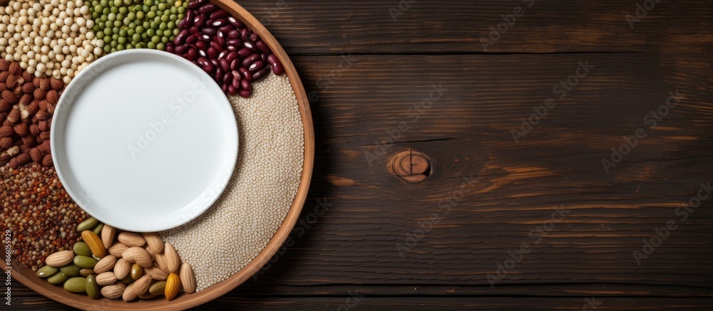 Aufkleber an aerial view of a white ceramic plate filled with various uncooked beans, grains, and seeds on a d